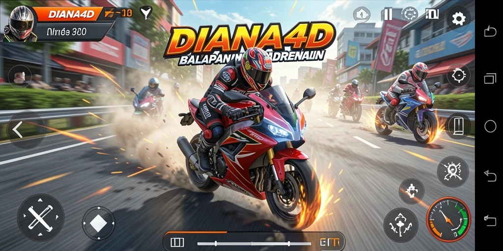 Screenshot gameplay DIANA4D menampilkan aksi balapan motor yang mendebarkan.