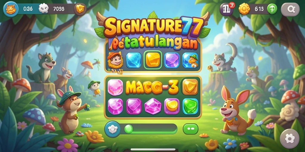 Tampilan gameplay <strong>SIGNATURE77</strong> yang menarik dengan grafis cerah dan objek match-3.