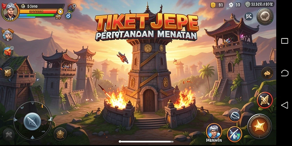 Screenshot gameplay TIKETJEPE menampilkan aksi pertahanan menara yang intens.