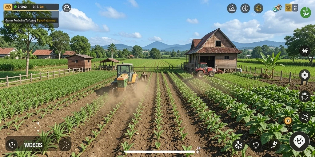 Tampilan gameplay WDBOS yang menampilkan suasana pertanian yang ceria.